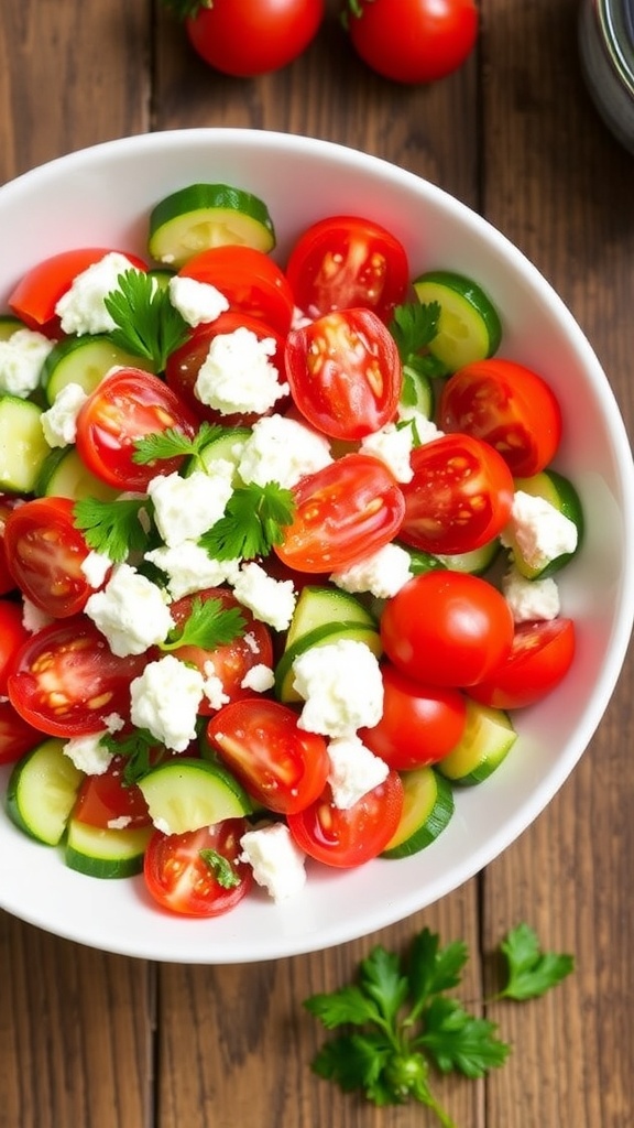 A vibrant bowl of tomato cucumber feta salad with cherry tomatoes, cucumbers, feta cheese, and parsley on a wooden table.